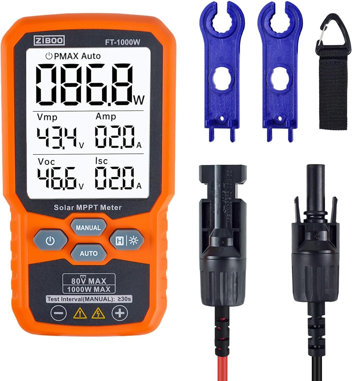 ZIBOO FT-1000W Solar Panel Tester MPPT Meter – 1000W Max Power, 80V/35A PV