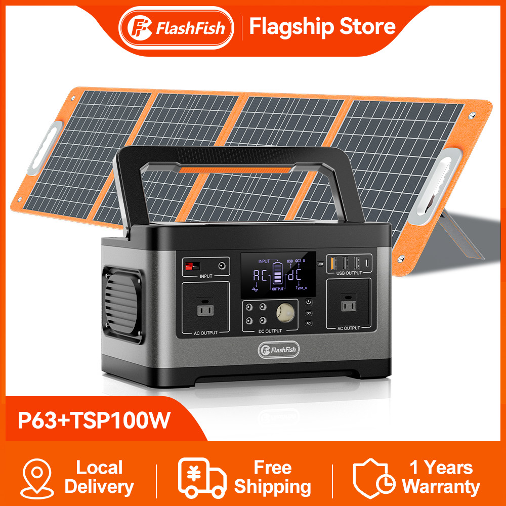 Flashfish P63 Portable Power Station 520Wh 500W With 100W Foldable Solar Panel
