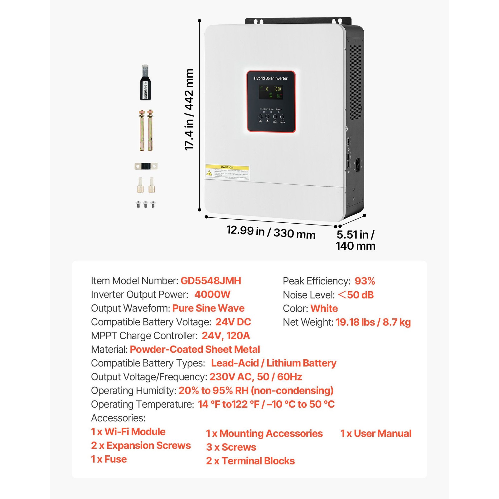 4000W Hybrid Solar Inverter, 24V to 230V AC, Pure Sine Wave with MPPT