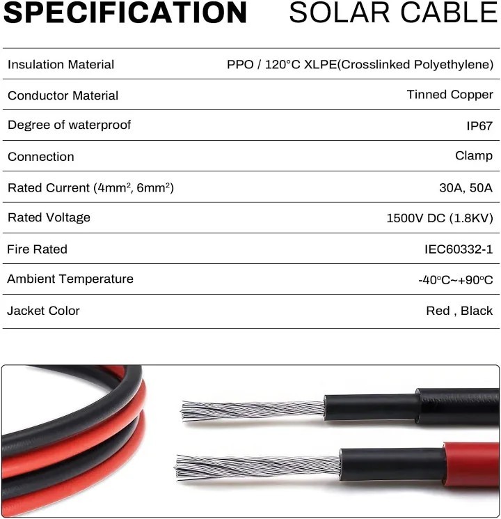 10AWG Solar Panel Extension Cable 20FT MC4 Connector IP67 Waterproof 1500V