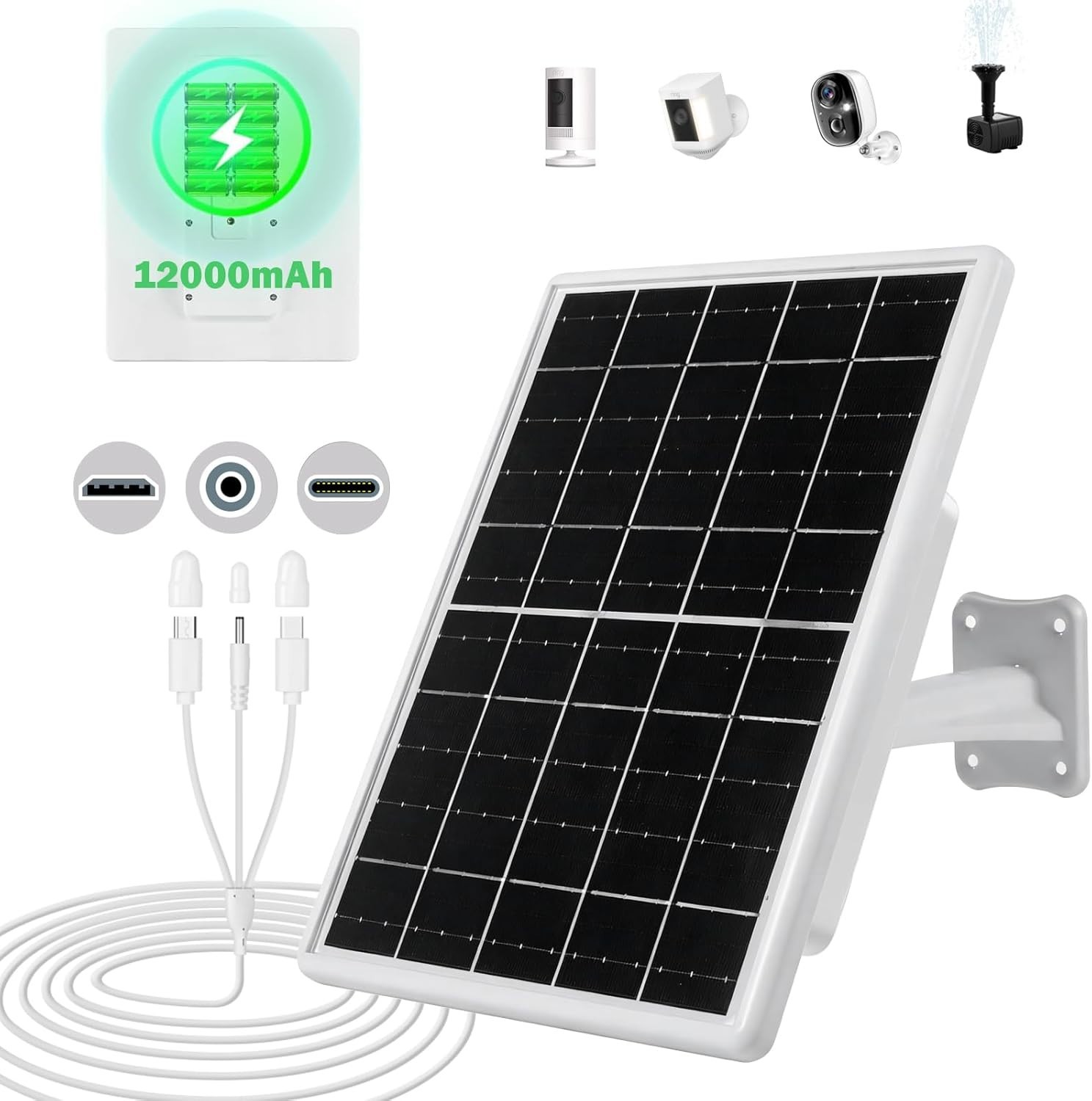 8W Solar Panel Built-in with 12000mAh Battery for Outdoor, 3in1 Plug Charger …