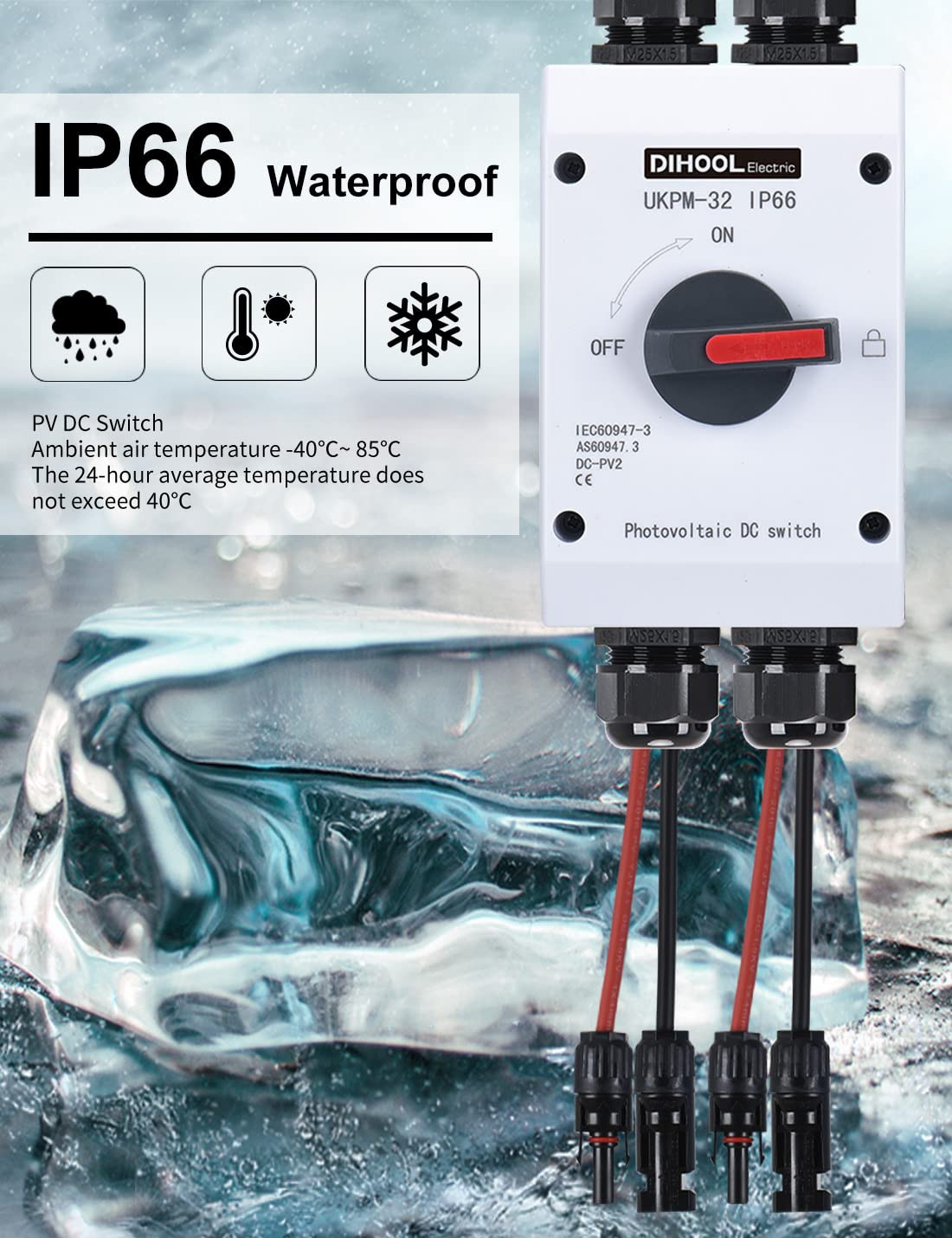 Solar Disconnect Switch,32 Amp DC600V,2 String 2 in 2 Out Isolator,Ip66 Waterpro