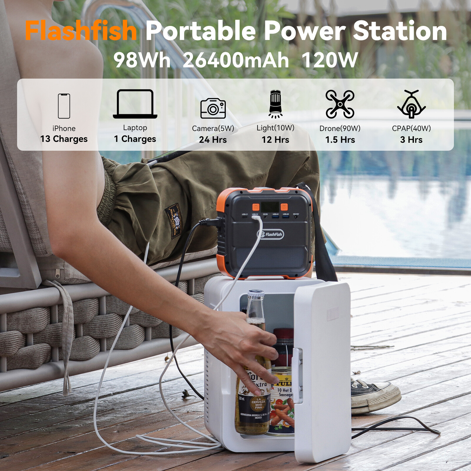 Flashfish Solar Generator Portable 120W 98WH 240W Peak Li-ion Battery for Camp