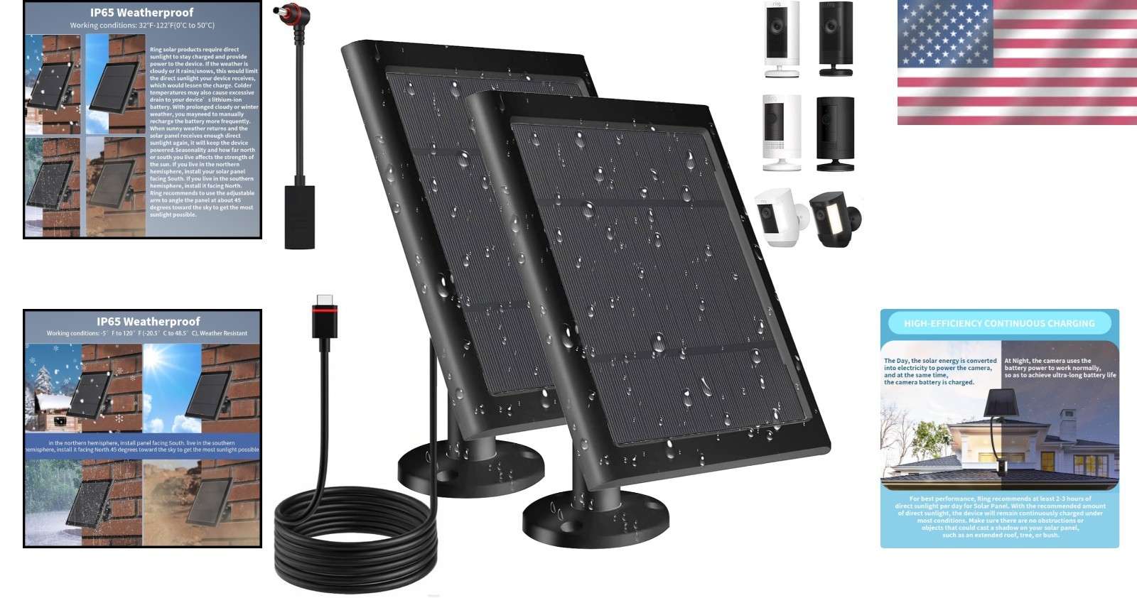 Solar Panel Set for Ring Camera – Dustproof, Waterproof, USB Compatible – 2 Pack