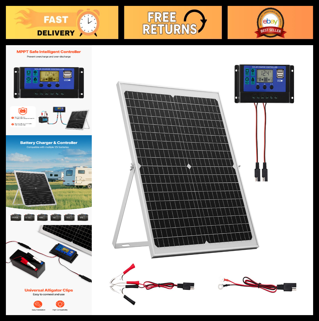 30W 12V Solar Panel Battery Charger – Trickle Maintainer, MPPT Controller, Water