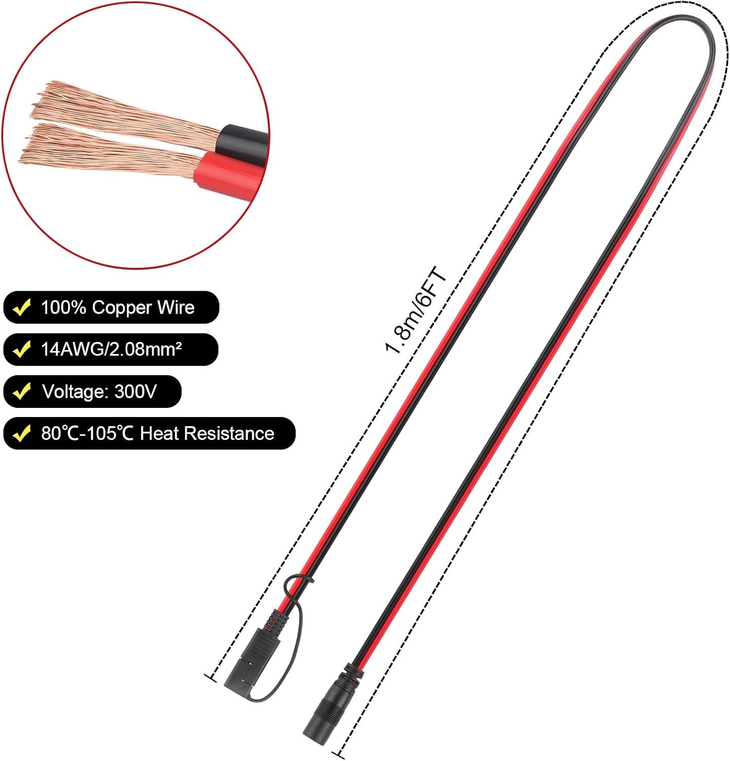 DC 8mm Male to SAE Connector 6Ft 14AWG Cable for Explorer 160-1000 Solar