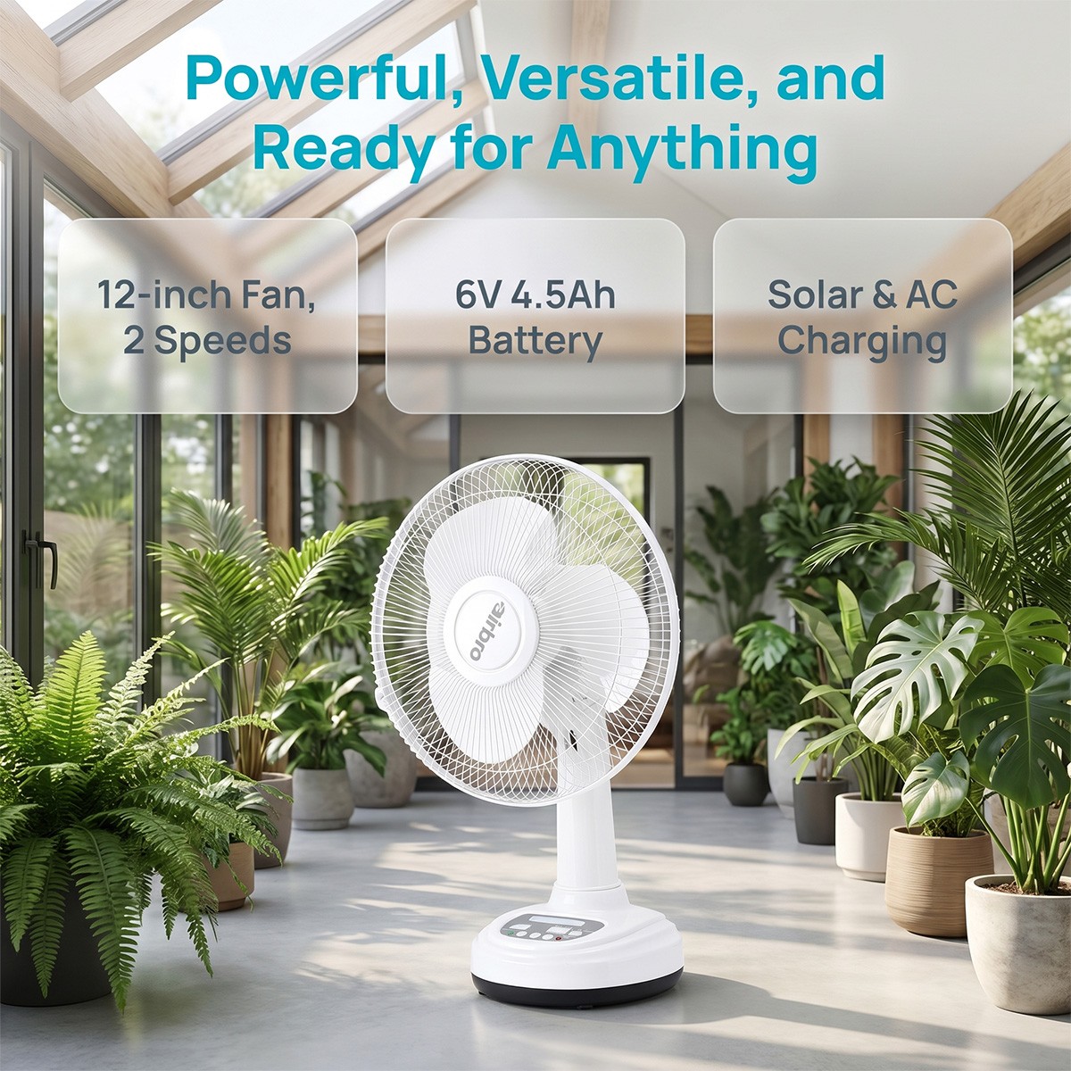 Portable Personal Desk Fan 2 Speed 12in Solar Rechargeable Fan w/ 2 Light Bulbs