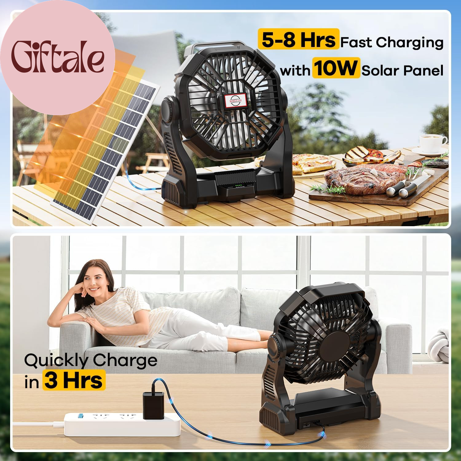30000Mah Solar Fan with LED Lantern, 10W Solar Panel Rechargeable Battery Powere