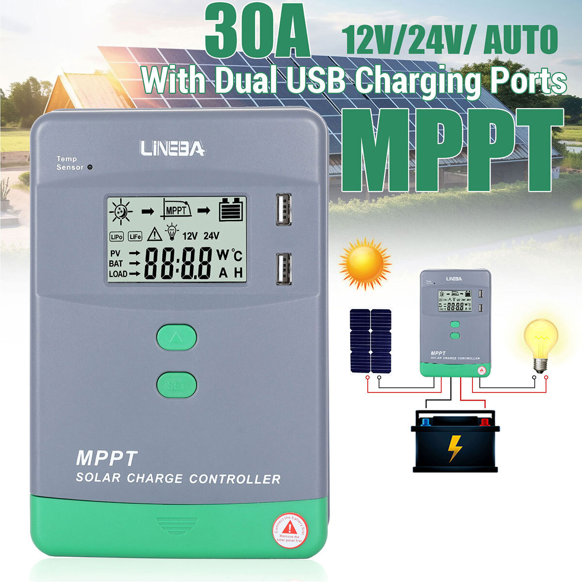 30 60 100Amp MPPT Solar Charge Controller 12V/24V/36V/48V DC Input LCD Regulator