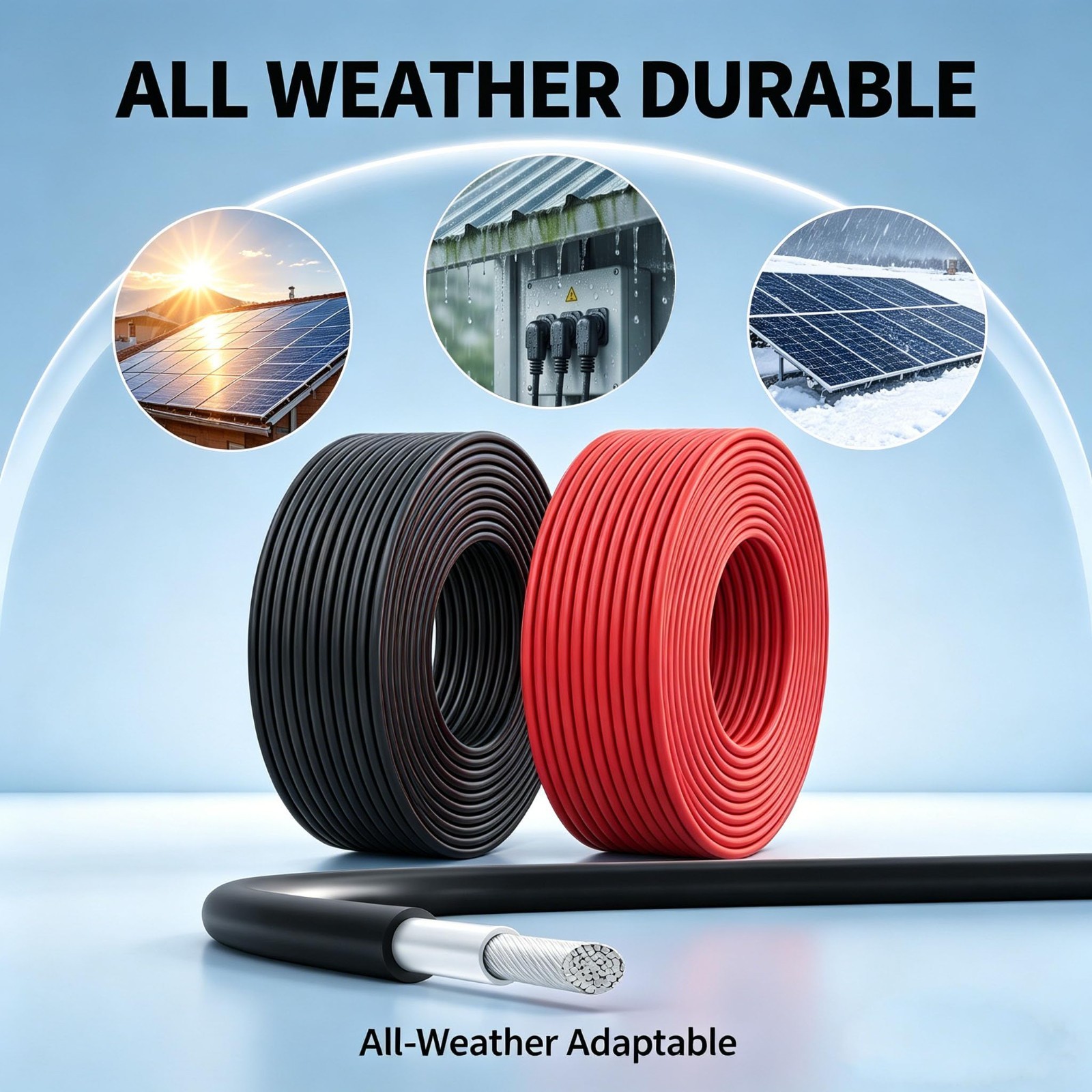 10 AWG Solar Panel Wire 2×20 FT, 1500V DC, Flexible Aluminum Alloy PV Cable, TUV