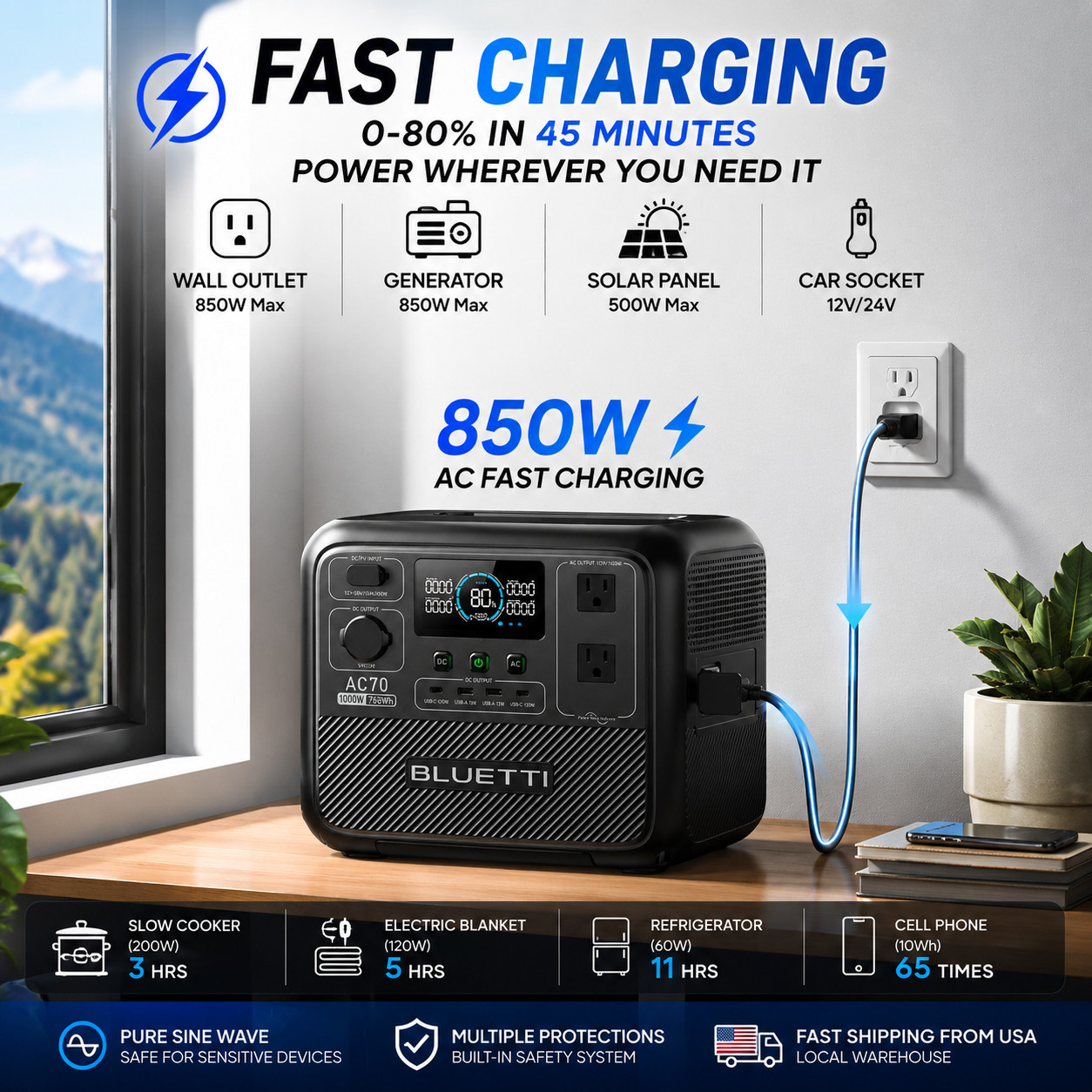 BLUETTI AC70 Portable Power Station 768Wh 1000W LiFePO4 Fast Charging USA