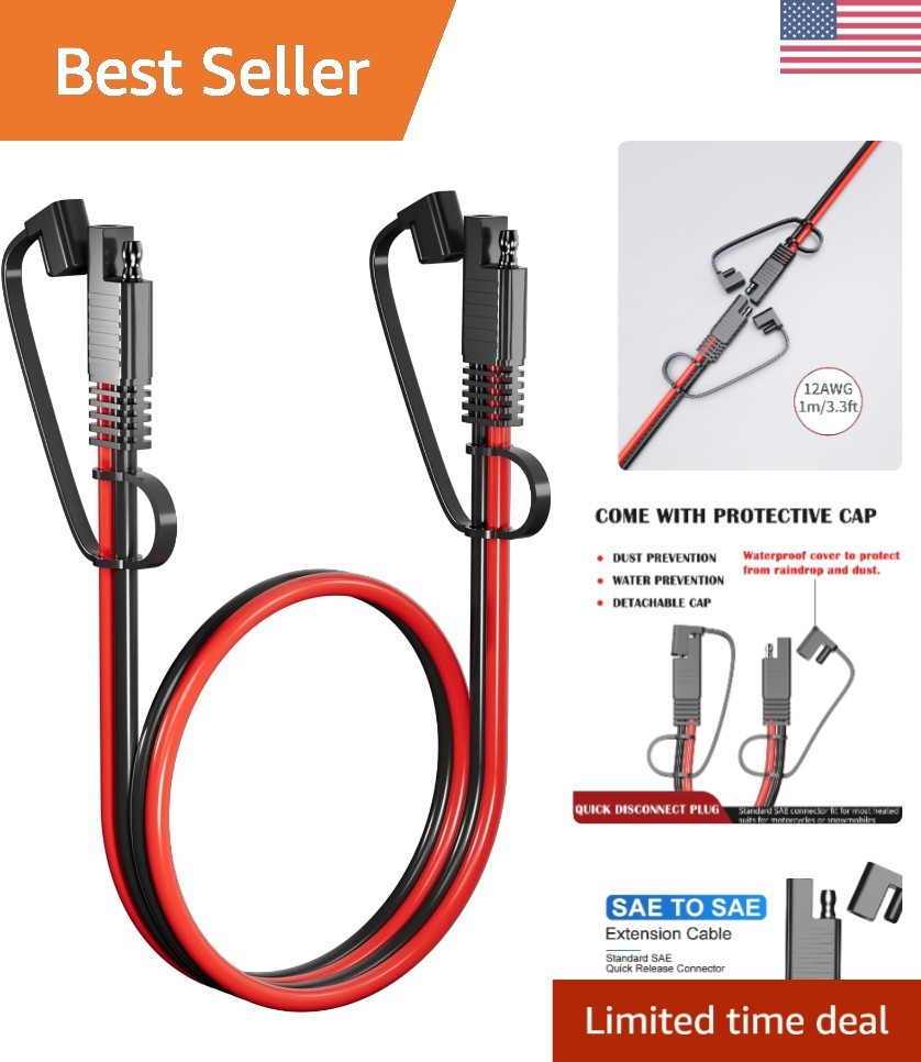 Durable 3.3FT SAE to SAE Extension Cord, 12AWG – Versatile Power for Vehicles