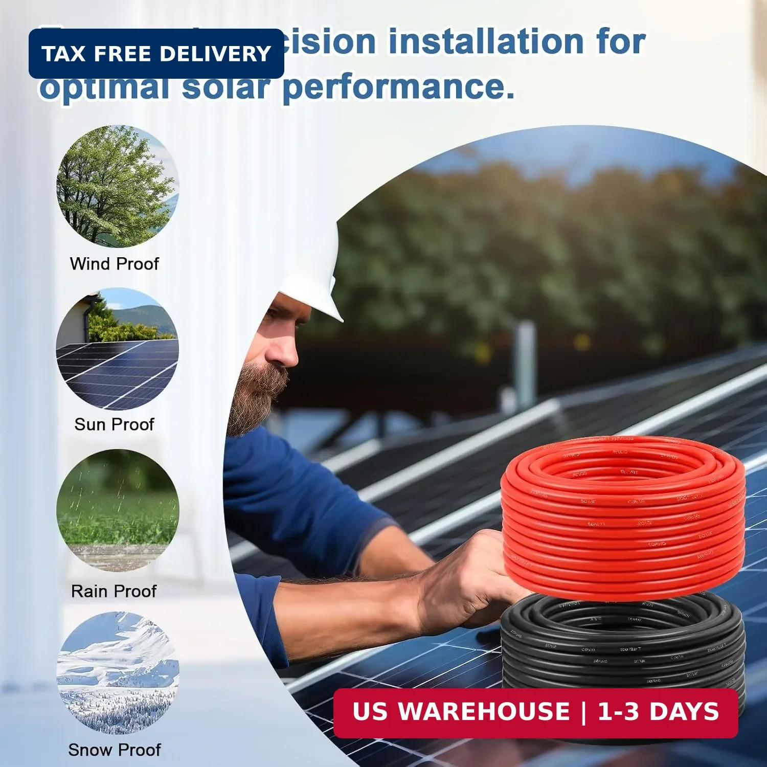 Solar Panel Wire 10 AWG(6mm²) – Solar Extension Cable 100Ft Black & 100Ft Red 10