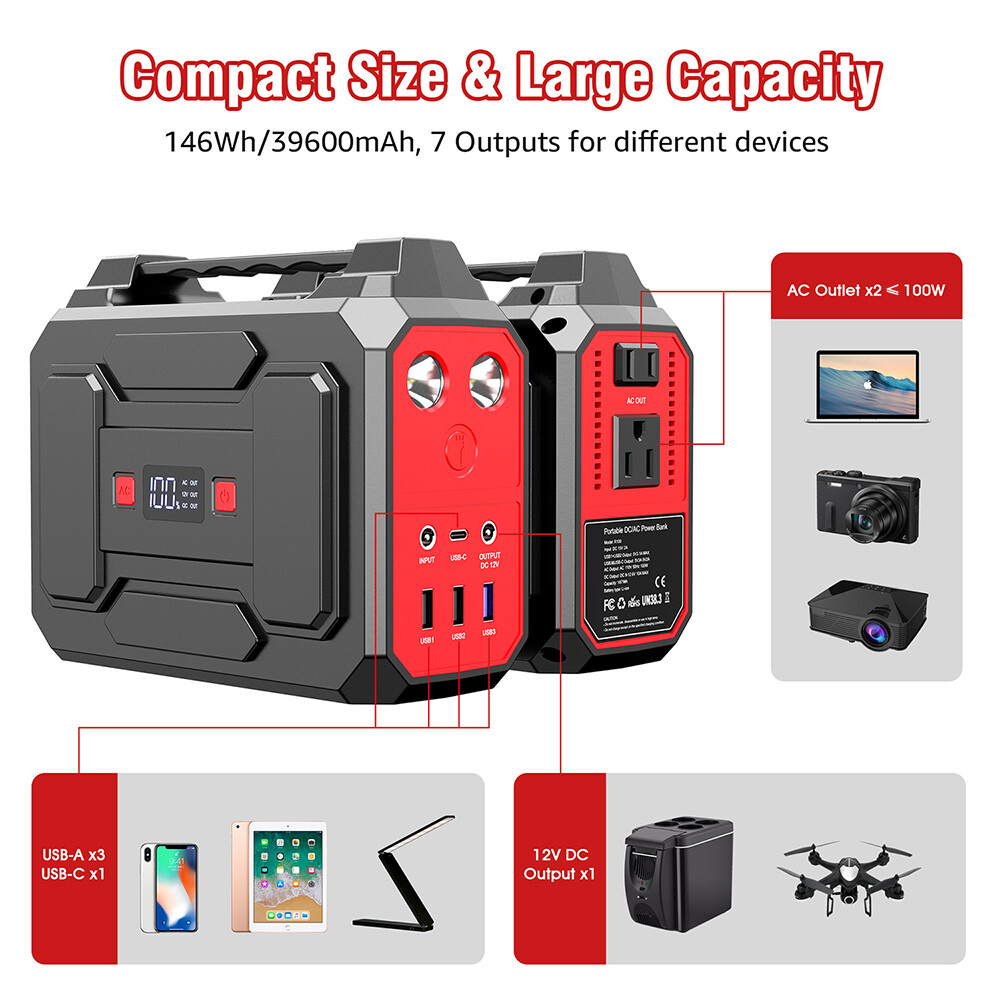 Portable Power Station 100W 146Wh Lithium Battery Pack Camping Solar Generator