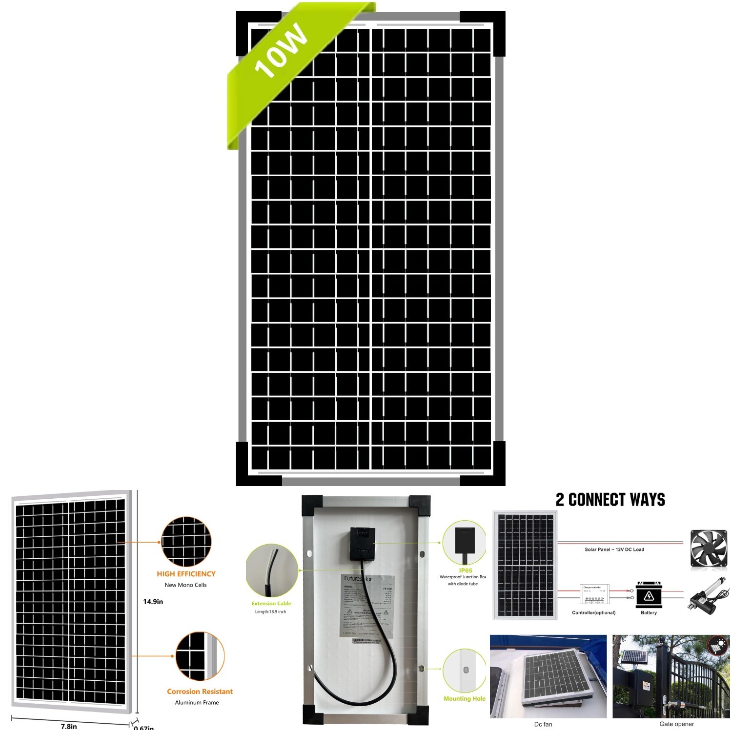 12V 10W Solar Panel Battery Charger for Vehicle Gate Opener Black