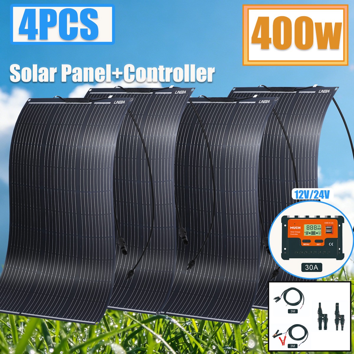 New 400W Monocrystalline Solar Panel Power Kit RV Home Camping Outdoor Use