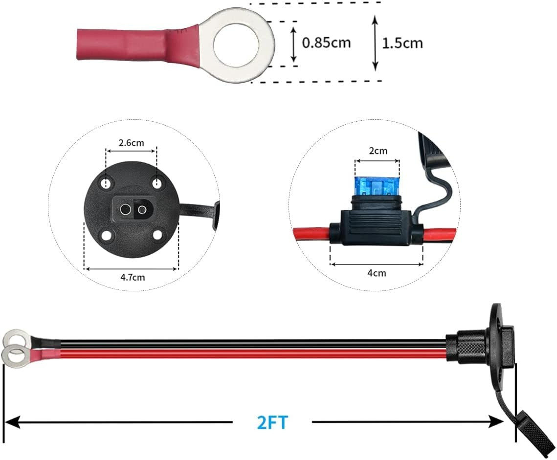 2FT 14AWG SAE Power Socket Sidewall Port to O Ring Connecters Extension Cord Cab
