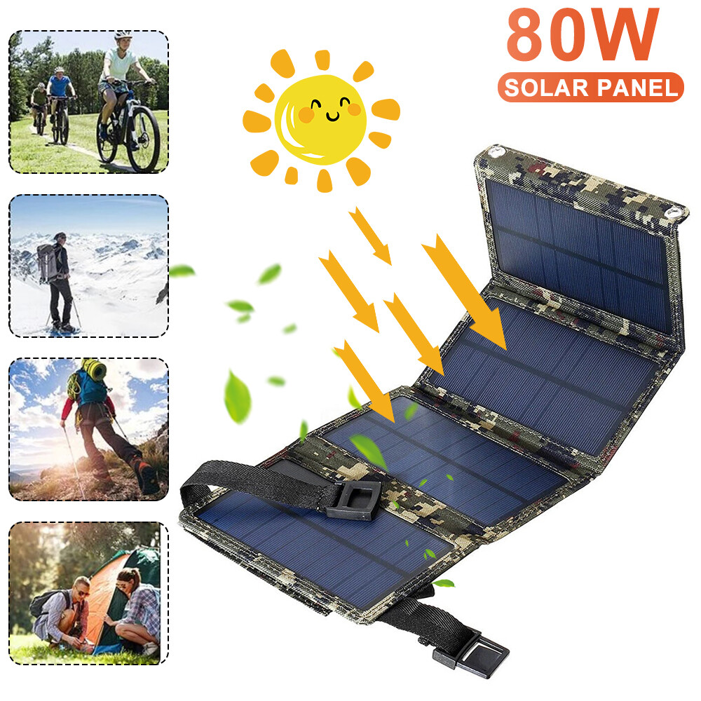 80W USB Solar Panel Folding Power Bank Outdoor Camping Hiking Phone Charger USA