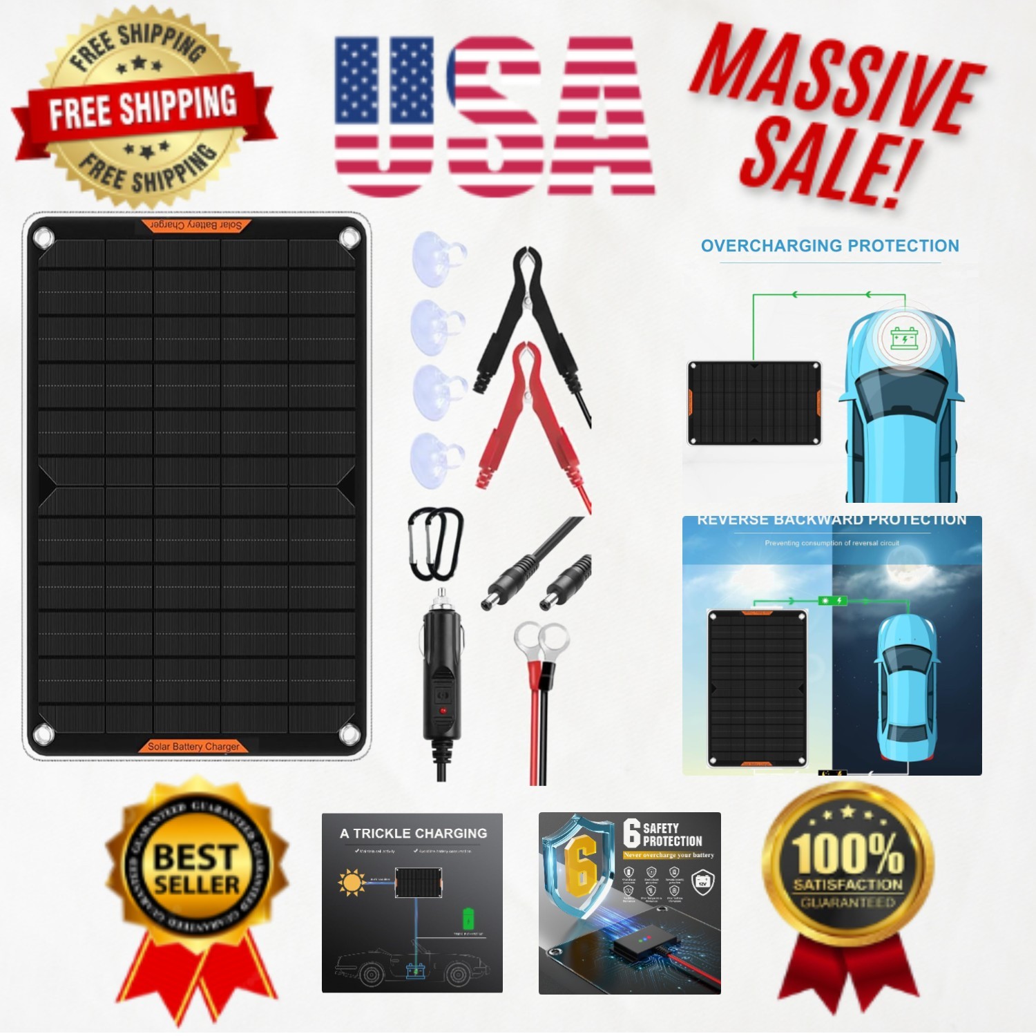Versatile 10W Solar Car Battery Charger with Cigarette Lighter Plug for Easy Use