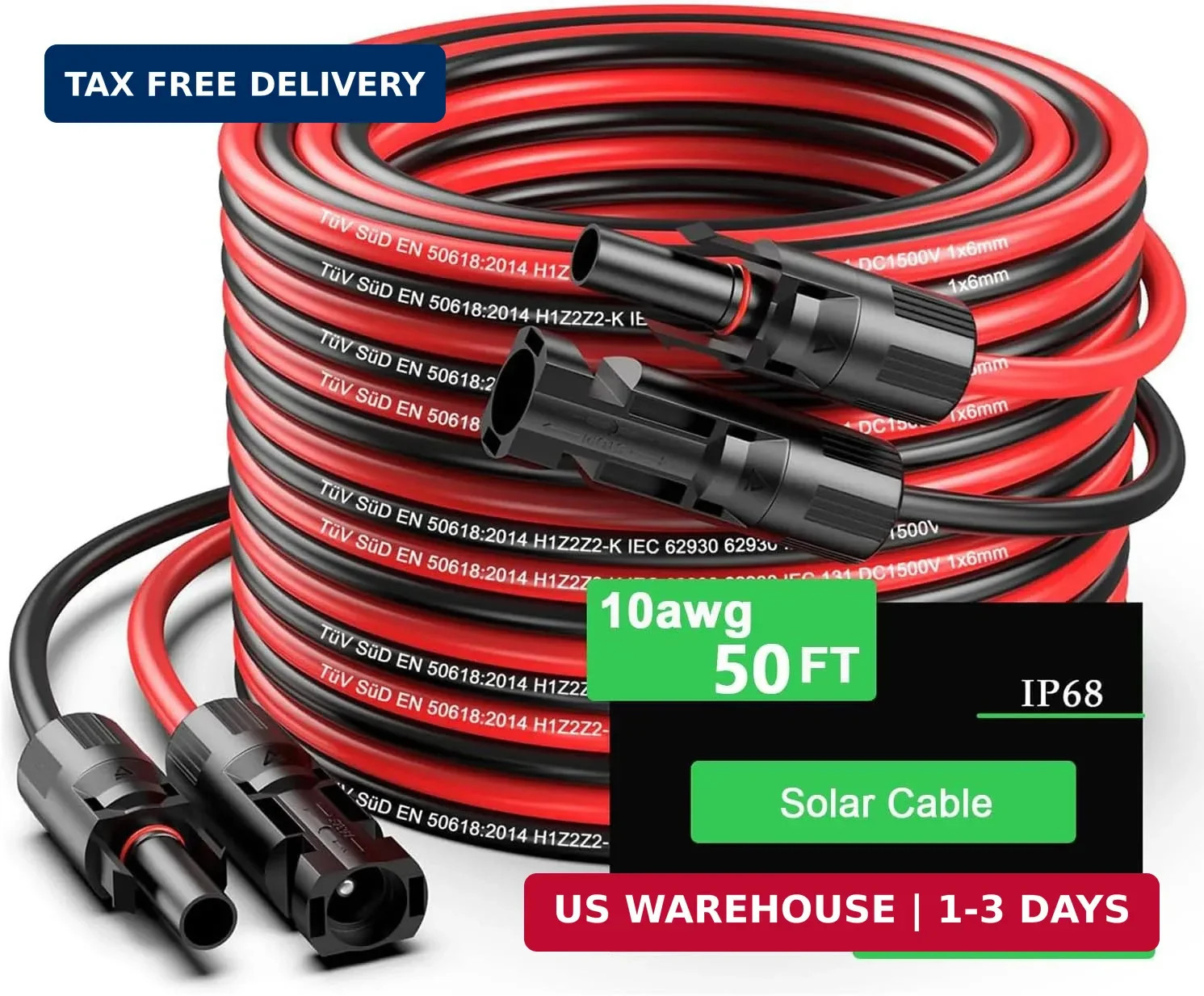 50Ft Solar Panels Extension Cables, 6mm² PV Cable with Male and Female Connector