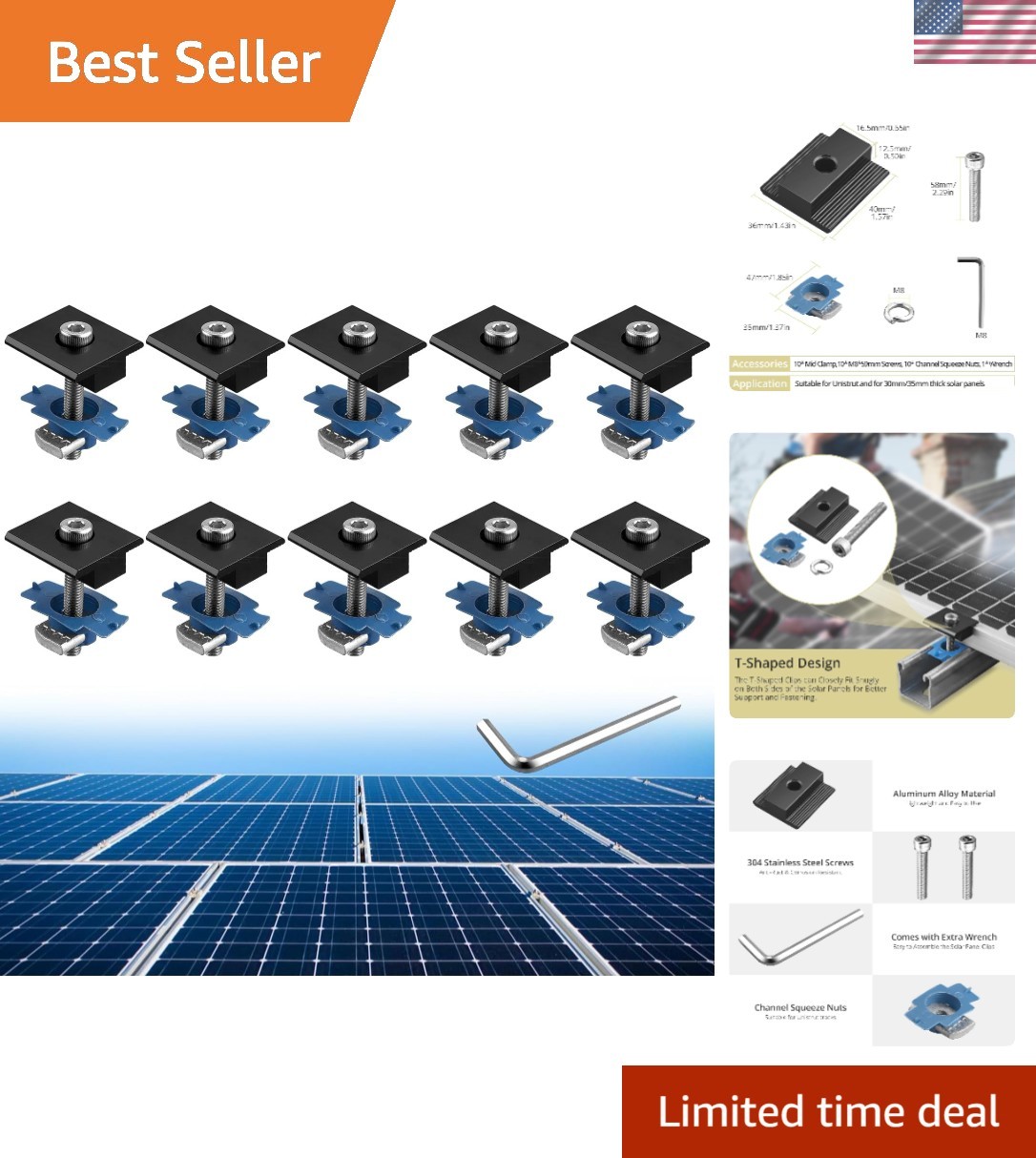 10 Pcs Versatile Solar Panel Mid Clamps – Heavy-Duty for All Roof Types in Black