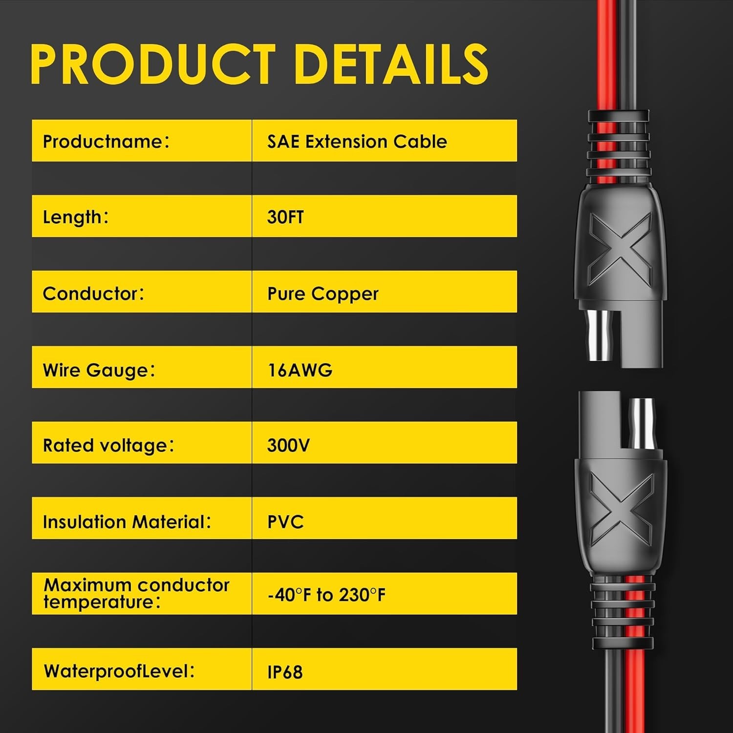 30ft 16AWG SAE to SAE Extension Cable 12V Waterproof Solar Panel Battery Charge
