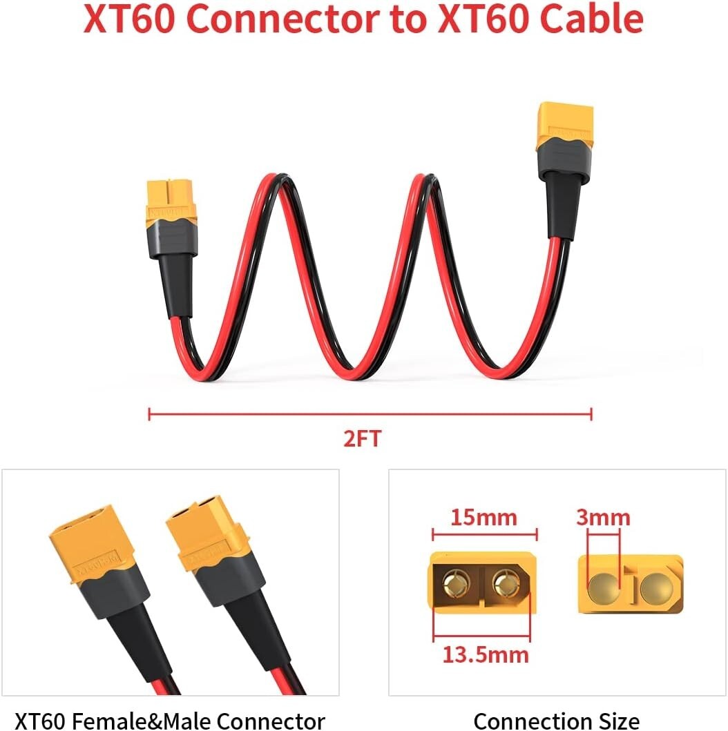 12AWG 2FT XT60 Extension Cable Female-Male Connector Power Station Solar Panel