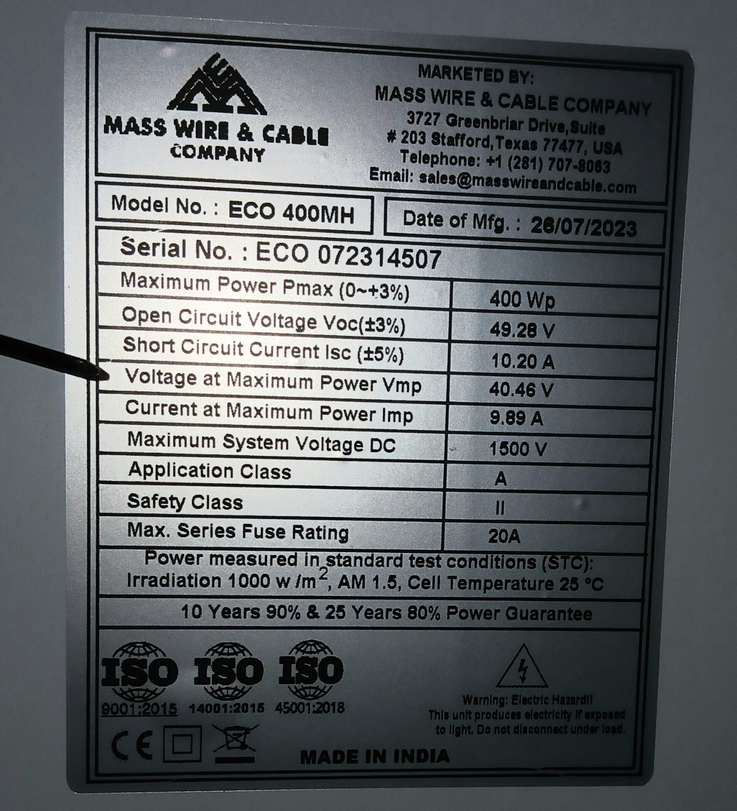 Mass Wire & Cable Company ECO 400MH 400W Solar Panel 40.46V DC Rigid