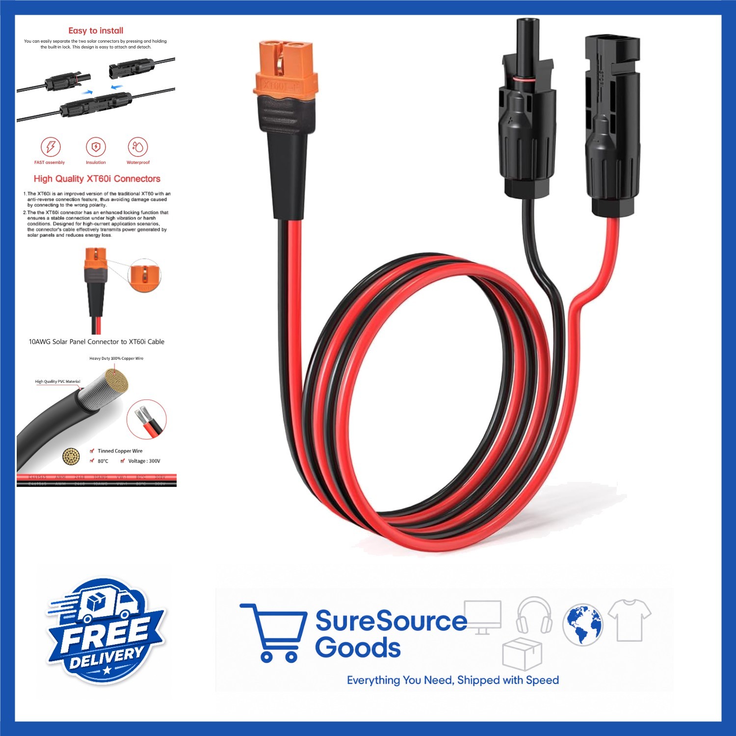 Weatherproof 10AWG Solar to XT60i Cable 2FT for Solar Panels and Power Stations