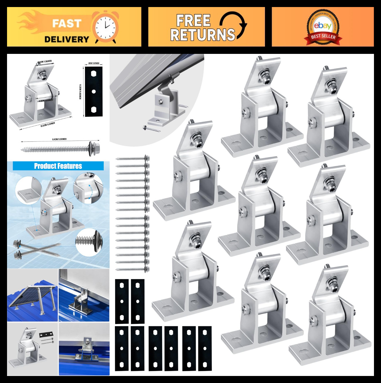 Adjustable Solar Panel Mounting Brackets Kit – 8PCS, 10-60° Tilt for RV Roof 400