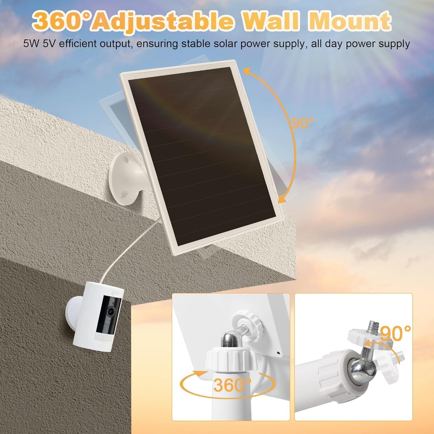 Fast Charging Solar Panel for Ring Cameras – 360° Adjustable Mounting Included