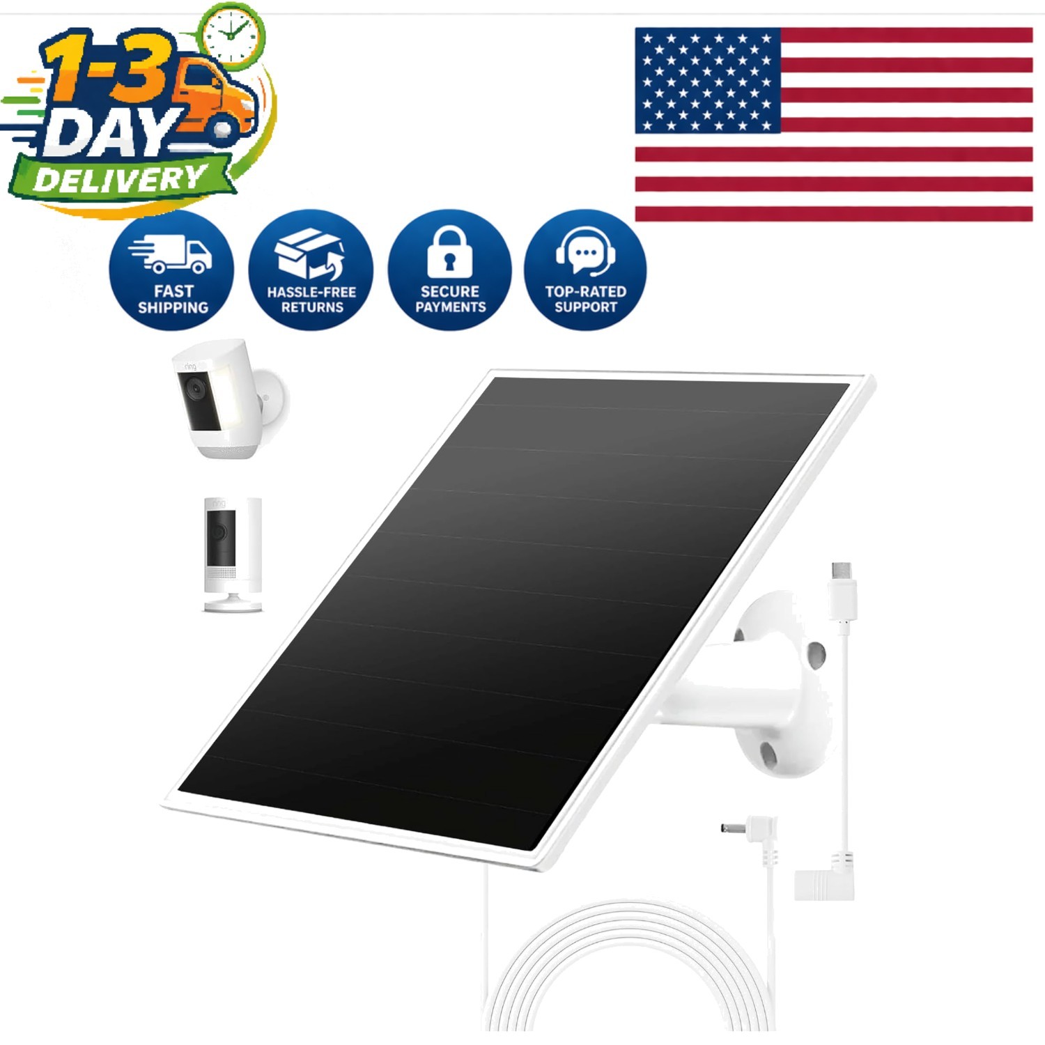Fast Charging Solar Panel for Ring Cameras – 360° Adjustable Mounting Included