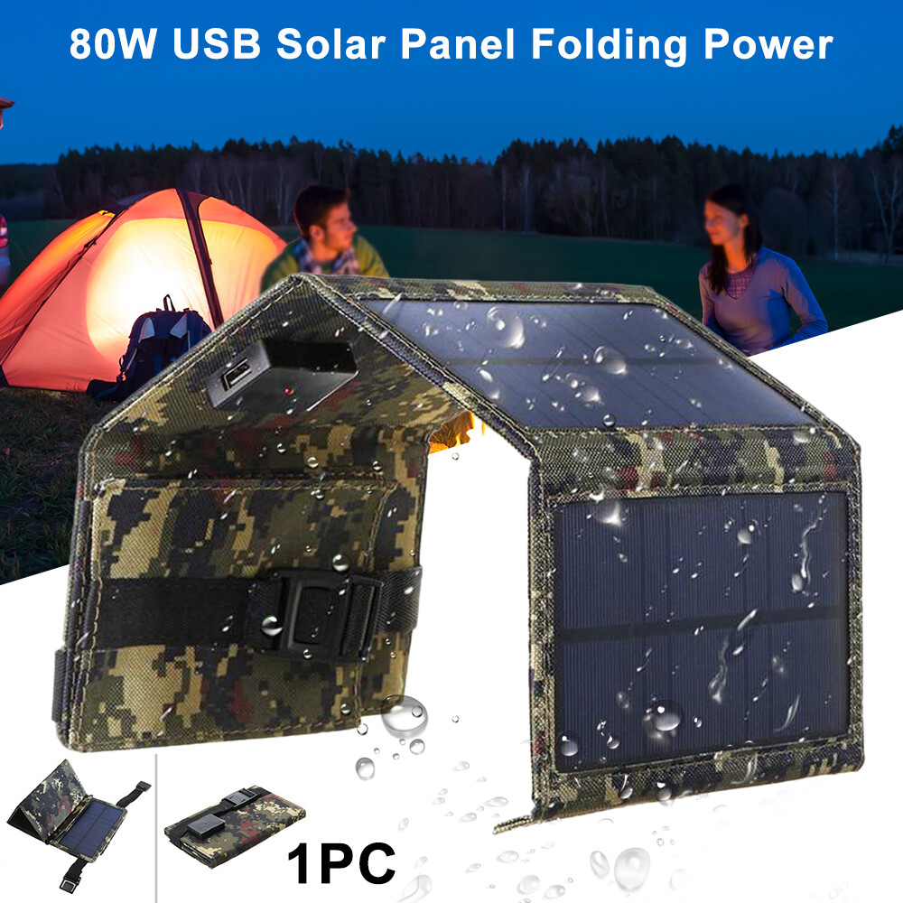 80W USB Solar Panel Folding Power Bank Outdoor Camping Hiking Phone Charger US