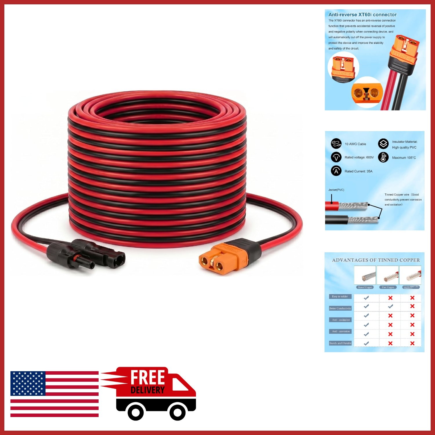 25FT XT60i Solar Panel Cable 10AWG Male-to-Male Adapter for Power Stations