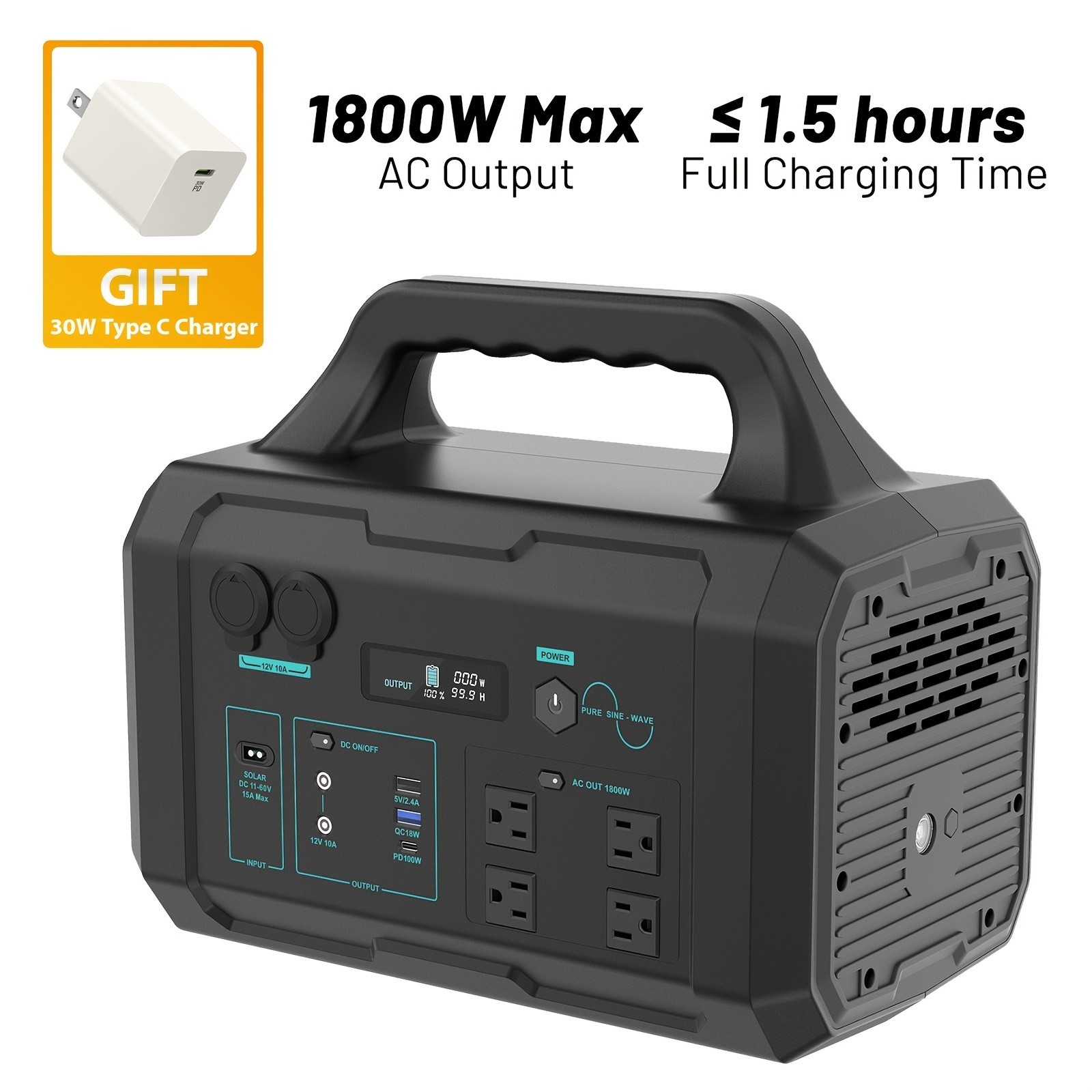 Emergency 1800W Power Station LiFePO4 Battery Multi-Output Solar Generator