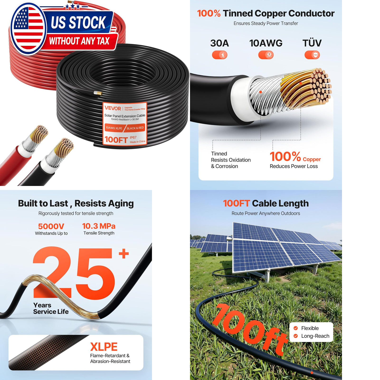 VEVOR Solar Panel Wire, 100 ft Black + 100 ft Red Kit, 10 AWG (6 mm²) Solar