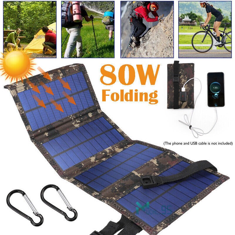80W USB Solar Panel Folding Power Bank Outdoor Camping Hiking Phone Charger US