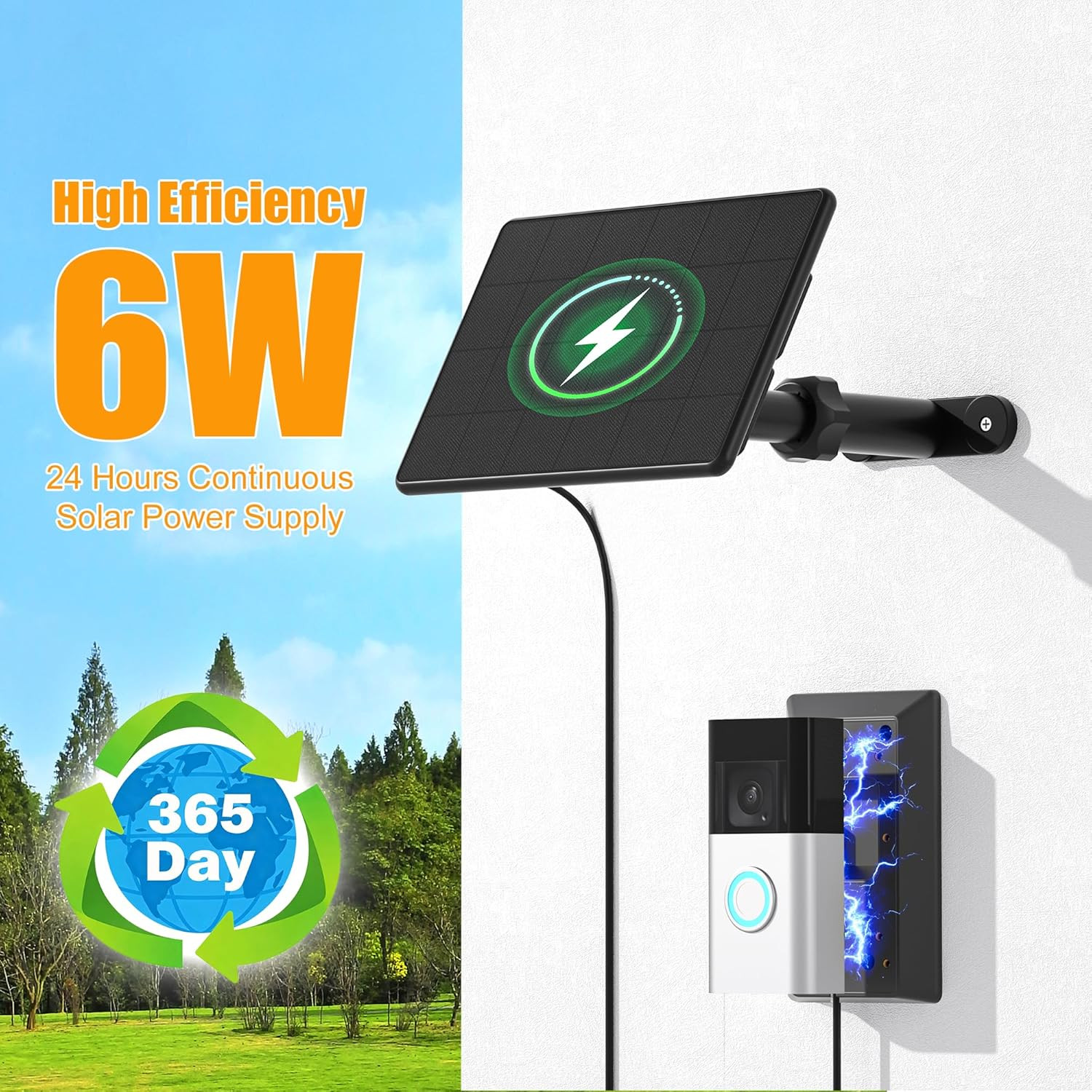 Solar Charger for Ring Video Doorbell 3/4 with Adjustable Mount and 10Ft Cable