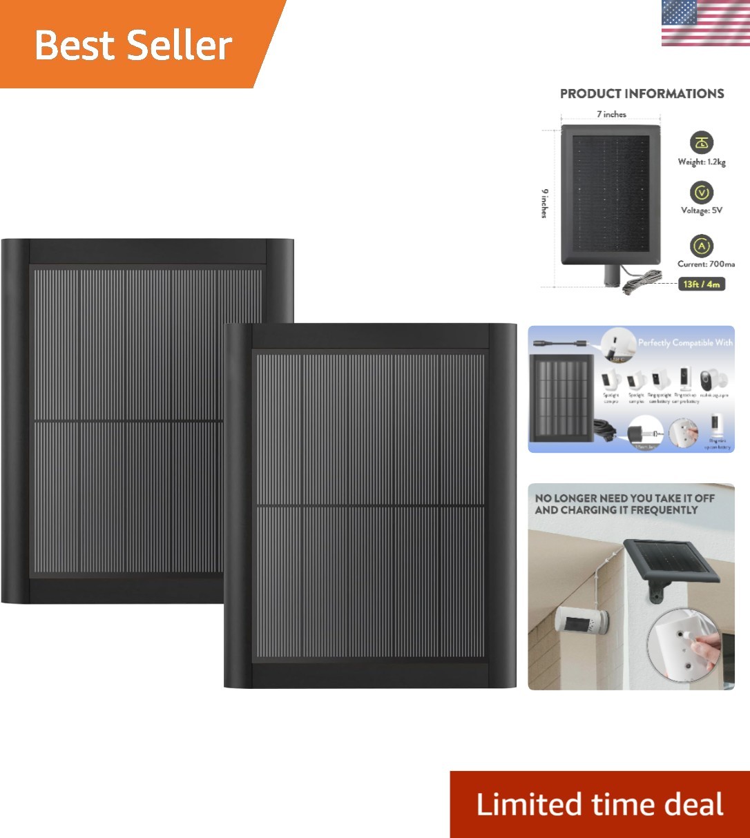 Solar Panel for Ring Camera(2Nd Generation), 2 Pack 5W Solar Panel with 12FT