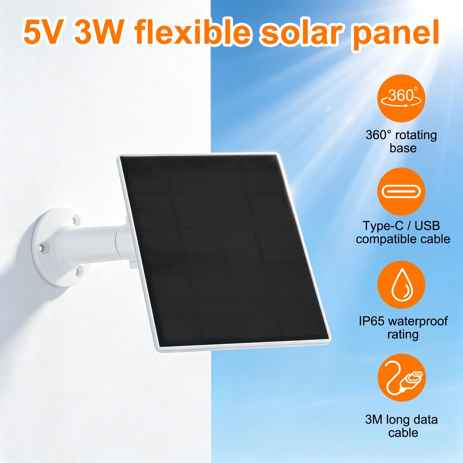 1 Pack of 5V 3W Solar Panel, Waterproof Dual Type-C/USB Solar Charger, White