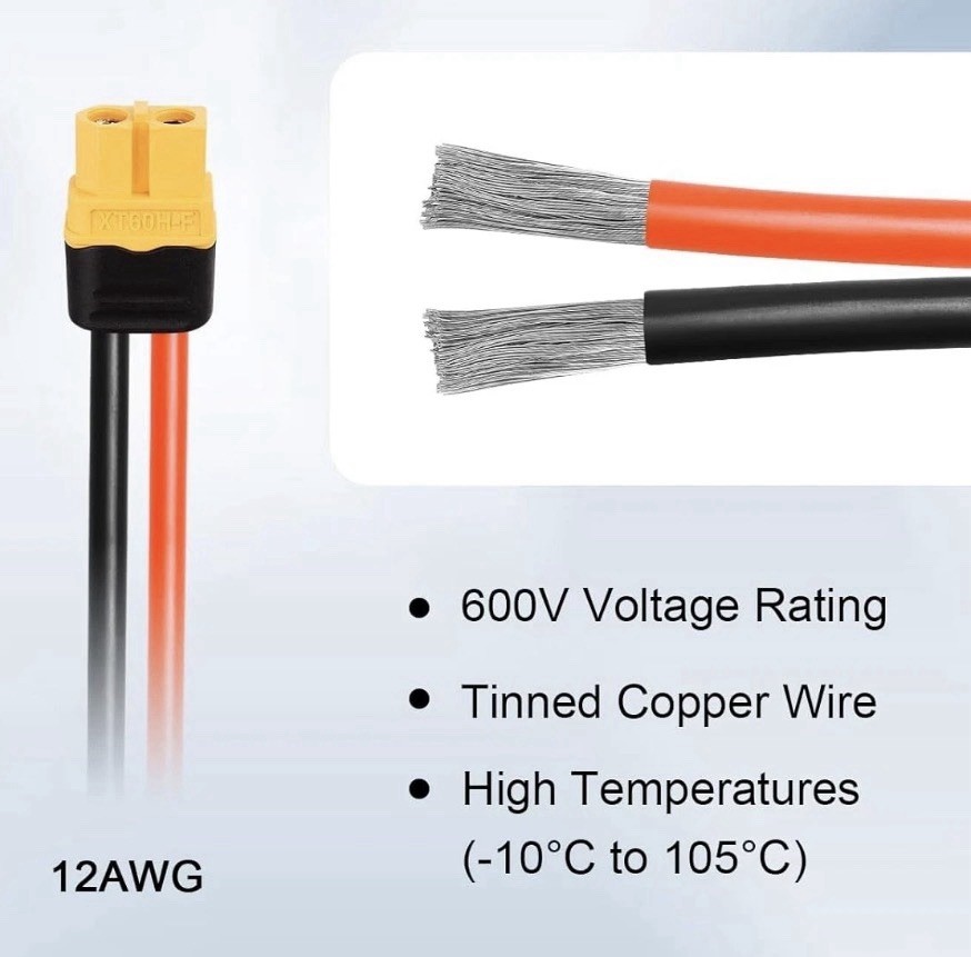 XT60 Cable 25ft, 12AWG Tinned Copper, Male to Female, Robust Drone Power