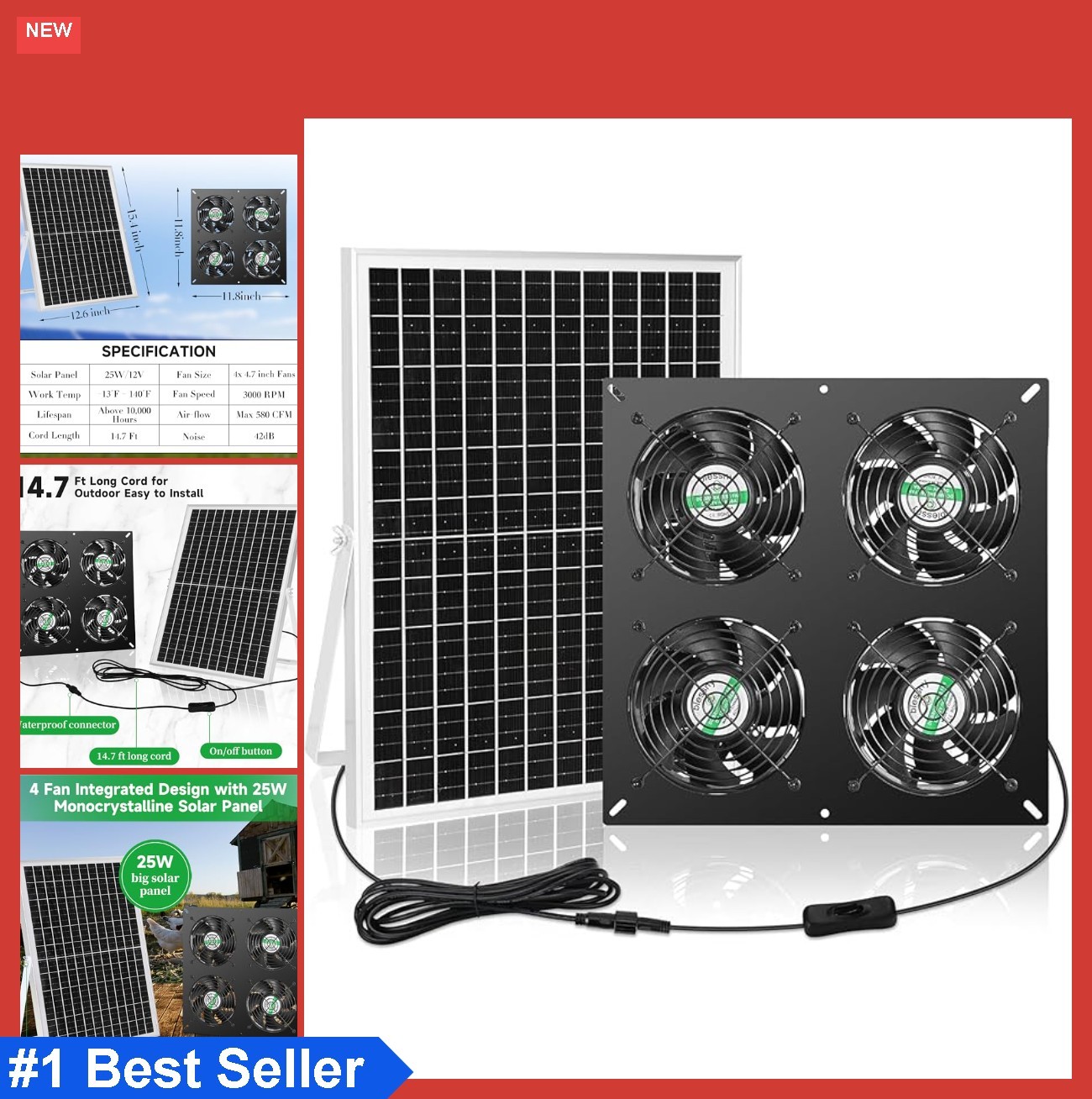 Solar Fan Kit 25W 4 Panel Outdoor Ventilation for Greenhouse Chicken Coop Shed