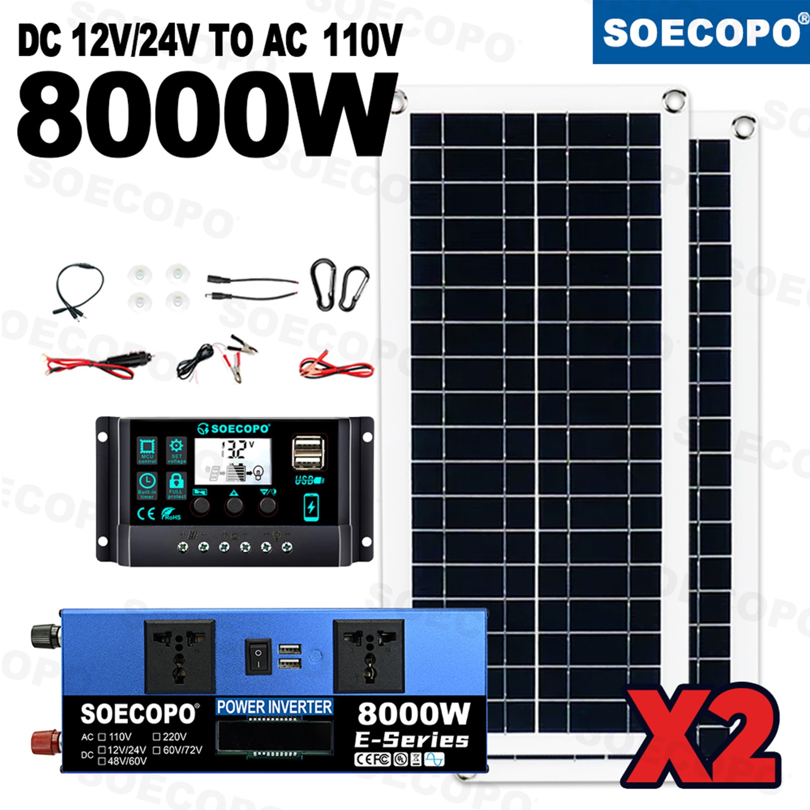 8000W Solar Power Kit Inverter, 2pcs 200W Solar Panels & 100A Controller