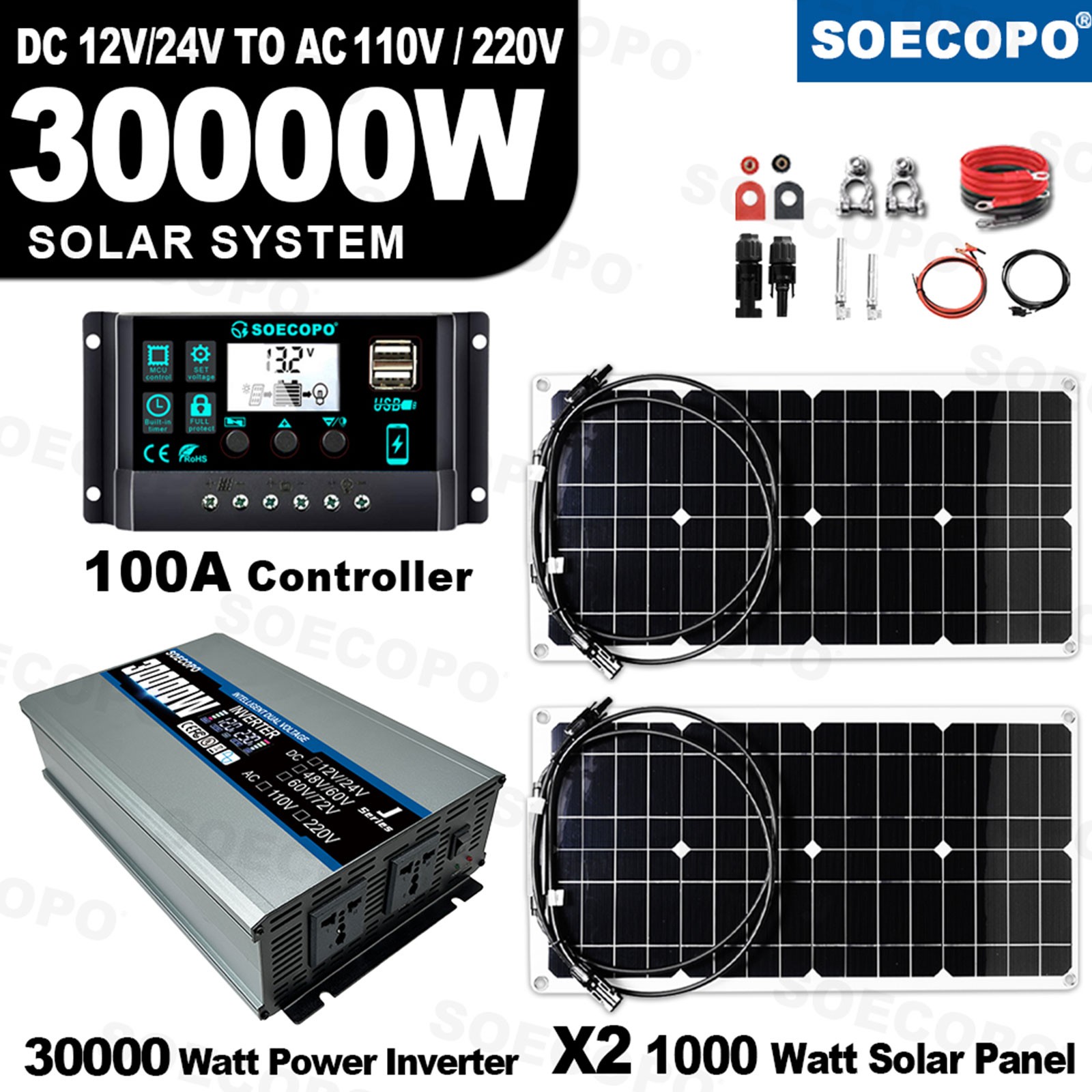 30000 Peak Solar System Kit 2pcs Flexible Panel DC 12V/24V AC110V 220V Invert4e