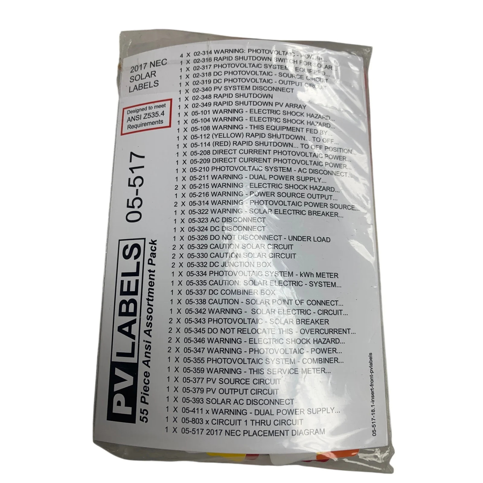 New In Package 55 Piece Ansi Assortment Pack 2017 NEC PV Solar Labels 05-517