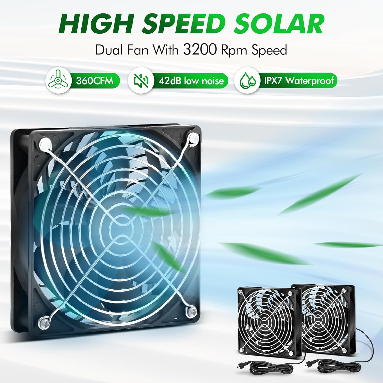 30W Solar Powered Fan with Dual IPX7 Waterproof Fans for Outdoor Use