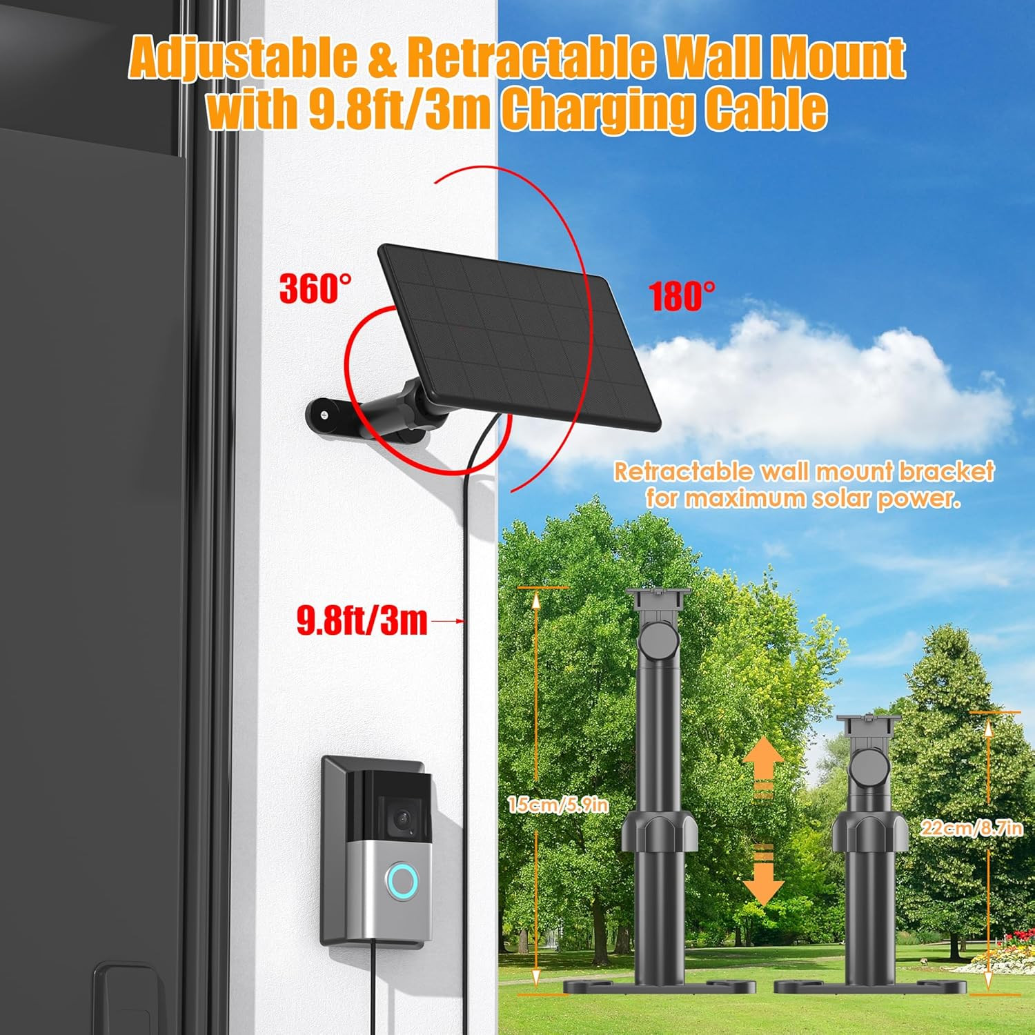 Solar Charger for Ring Video Doorbell 3/4 with Adjustable Mount and 10Ft Cable