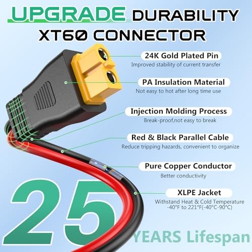 12AWG XT60 Solar Cable 10FT, XT60 Charging Cable 3 15 20 30 40 Black&Red 10
