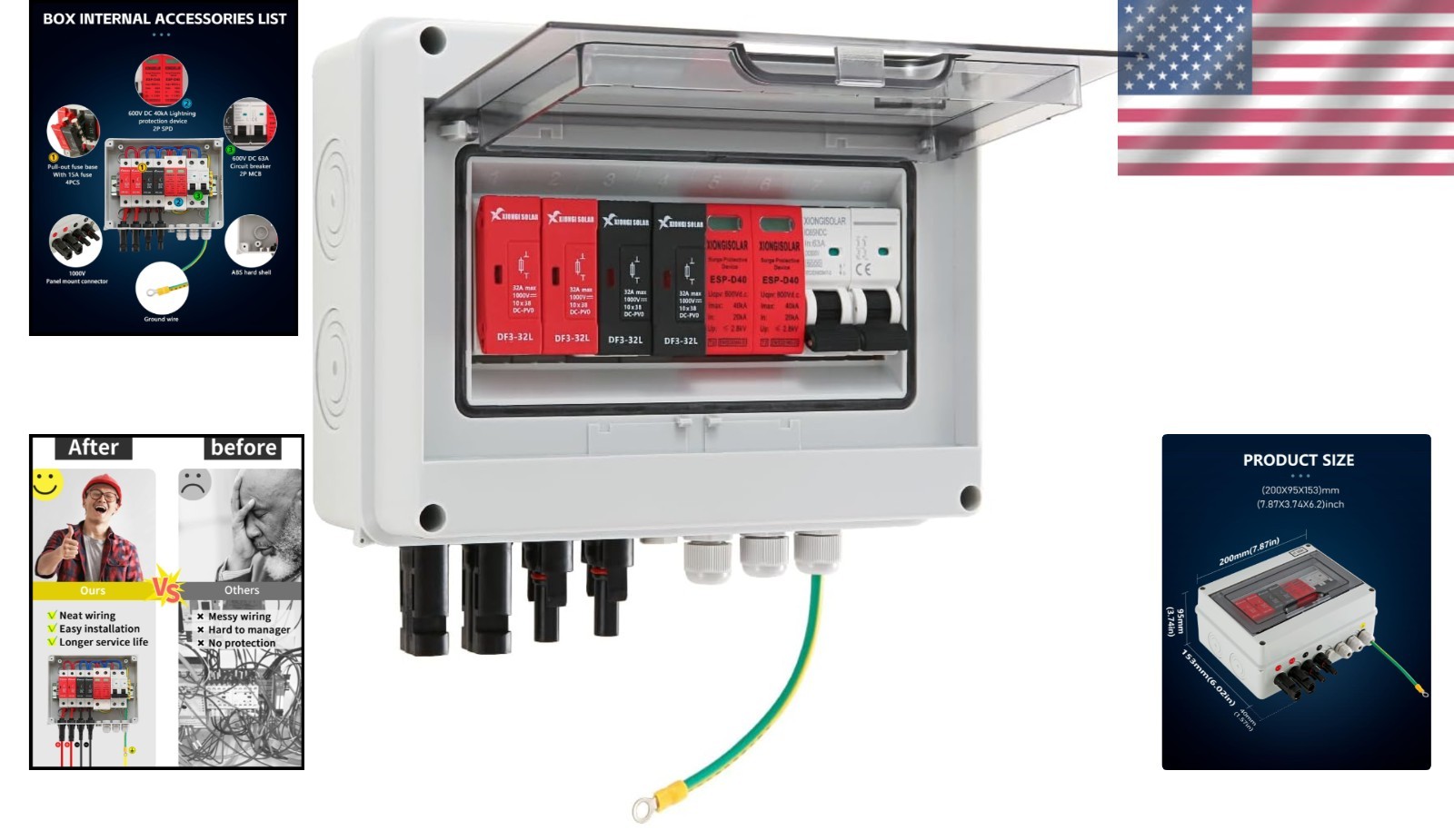 600V Solar DC PV Combiner Box 2 String Waterproof Fuse MCB SPD