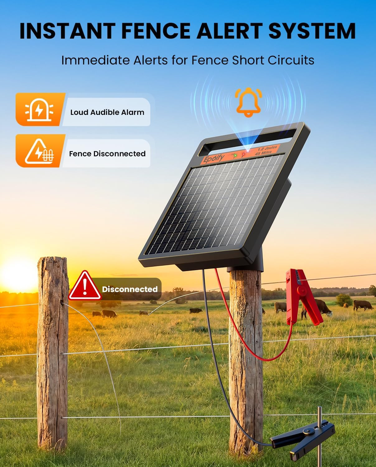 Solar Electric Fence Charger 1.2J Stored Energy, 45 Miles Coverage,8W Solar Fenc